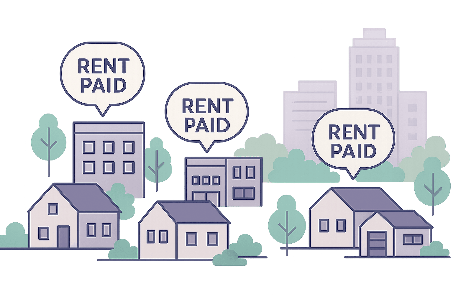 Illustrative graphic showing diverse housing with 'Rent Paid' speech bubbles